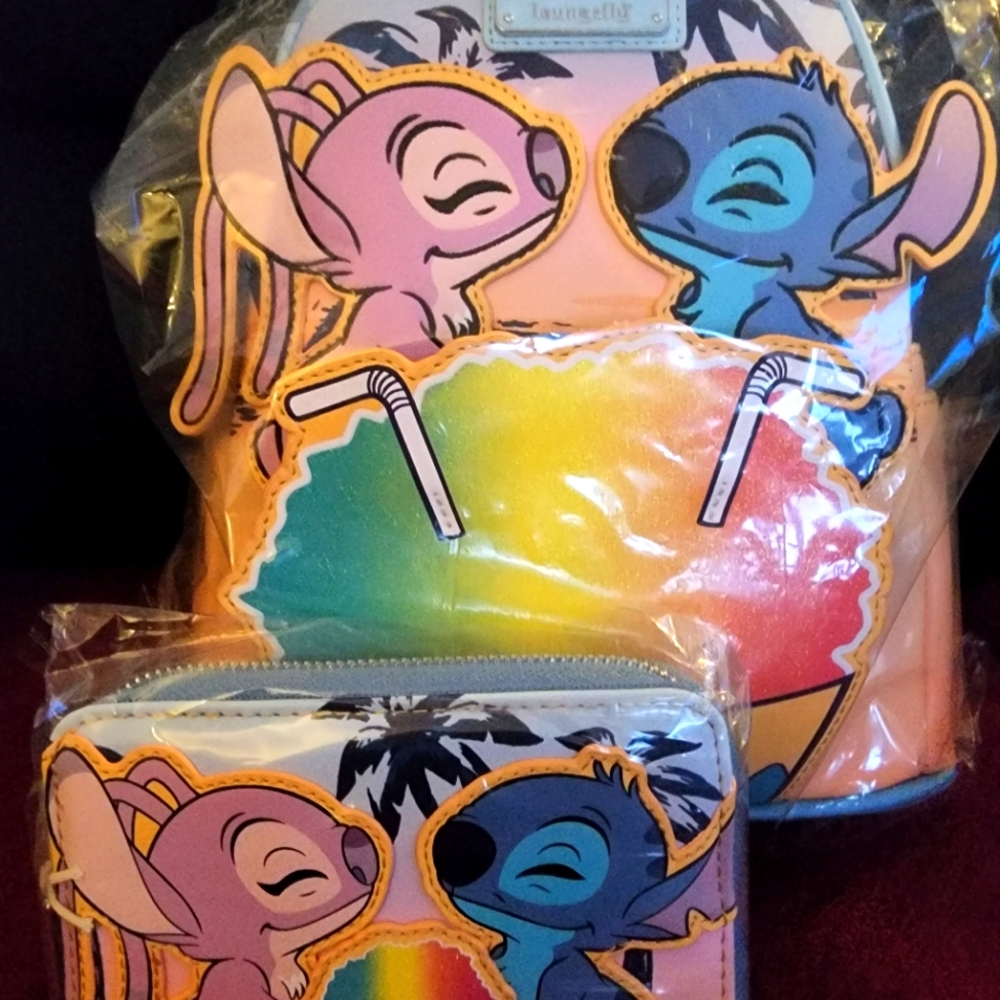 Loungefly Stitch and Angel Snowcone Date backpack and wallet set